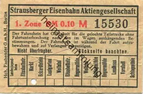 Deutschland - Strausberg - Strausberger Eisenbahn Aktiengesellschaft - Fahrschein 1. Zone RM 0,10