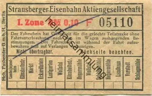 Deutschland - Strausberg - Strausberger Eisenbahn Aktiengesellschaft - Fahrschein 1. Zone RM 0,10