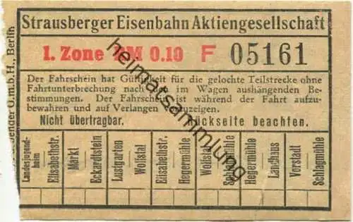 Deutschland - Strausberg - Strausberger Eisenbahn Aktiengesellschaft - Fahrschein 1. Zone RM 0,10
