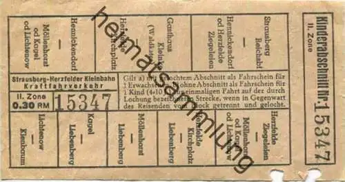 Deutschland - Strausberg-Herzfelder Kleinbahn - Fahrschein II. Zone 0.30 RM - mit Kinderabschnitt