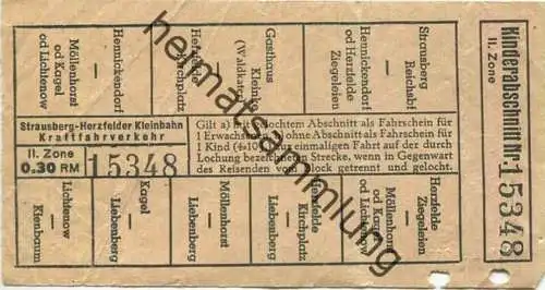 Deutschland - Strausberg-Herzfelder Kleinbahn - Fahrschein II. Zone 0.30 RM - mit Kinderabschnitt