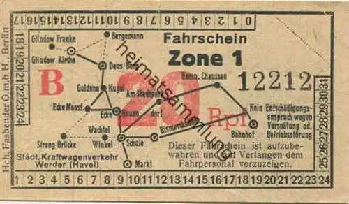 Deutschland - Werder - Städtischer Kraftwagenverkehr Werder (Havel) - Fahrschein 20Rpf.