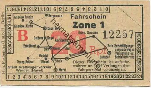 Deutschland - Werder - Städtischer Kraftwagenverkehr Werder (Havel) - Fahrschein 20Rpf.