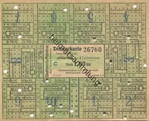 Deutschland - Potsdam - Stadtwerke Potsdam Abt. Verkehrsbetriebe - Zehnerkarte - gültig für 1 bis 2 Teilstrecken 1,00 RM