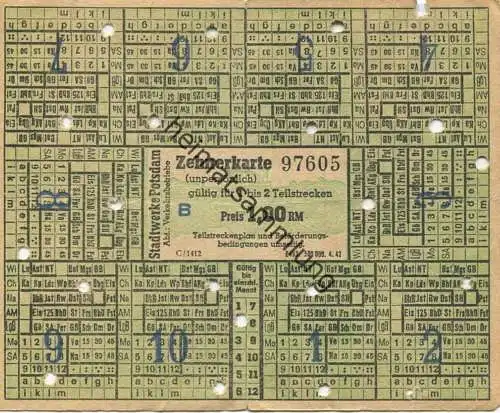 Deutschland - Potsdam - Stadtwerke Potsdam Abt. Verkehrsbetriebe - Zehnerkarte - gültig für 1 bis 2 Teilstrecken 1,00 RM