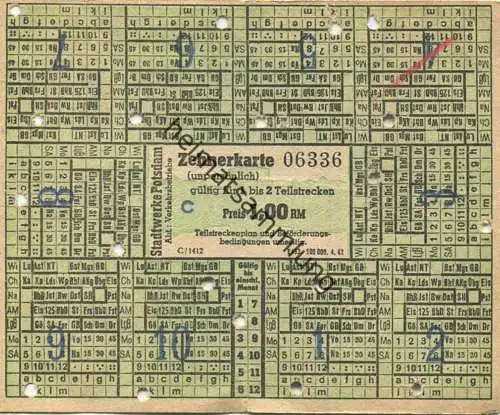 Deutschland - Potsdam - Stadtwerke Potsdam Abt. Verkehrsbetriebe - Zehnerkarte - gültig für 1 bis 2 Teilstrecken 1,00 RM
