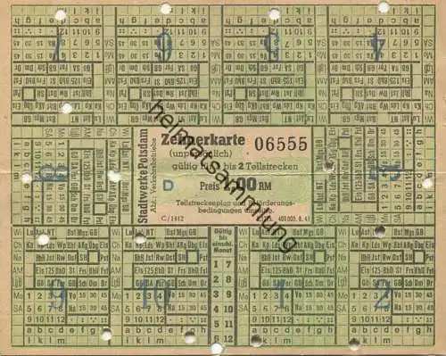 Deutschland - Potsdam - Stadtwerke Potsdam Abt. Verkehrsbetriebe - Zehnerkarte - gültig für 1 bis 2 Teilstrecken 1,00 RM