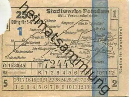 Deutschland - Potsdam - Stadtwerke Potsdam - Abt. Verkehrsbetriebe - Fahrschein 25Rpf. 5-6 Teilstrecken - rückseitig Wer