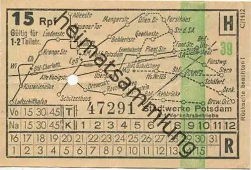 Deutschland - Potsdam - Stadtwerke Potsdam - Abt. Verkehrsbetriebe - Fahrschein 15Rpf. 1-2 Teilstrecken - rückseitig Wer