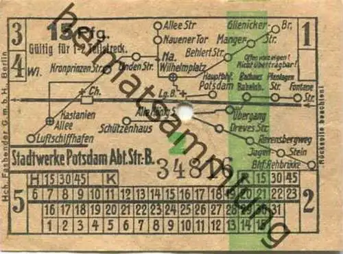 Deutschland - Potsdam - Stadtwerke Potsdam - Abt. Verkehrsbetriebe - Fahrschein 15Rpf. 1-2 Teilstrecken - rückseitig Wer