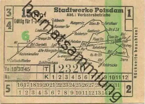 Deutschland - Potsdam - Stadtwerke Potsdam - Abt. Verkehrsbetriebe - Fahrschein 15Rpf. 1-2 Teilstrecken - rückseitig Wer