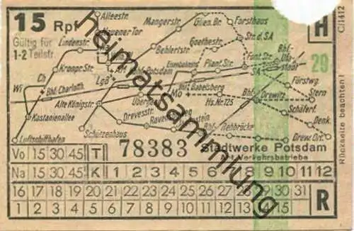 Deutschland - Fahrkarte - Potsdam - Stadtwerke Potsdam - Abt. Verkehrsbetriebe - Fahrschein 15Rpf. 1-2 Teilstrecken