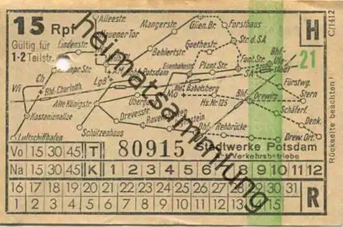 Deutschland - Fahrkarte - Potsdam - Stadtwerke Potsdam - Abt. Verkehrsbetriebe - Fahrschein 15Rpf. 1-2 Teilstrecken