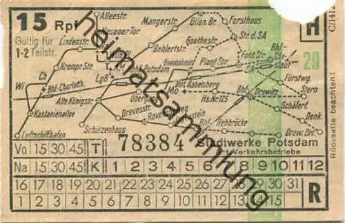 Deutschland - Fahrkarte - Potsdam - Stadtwerke Potsdam - Abt. Verkehrsbetriebe - Fahrschein 15Rpf. 1-2 Teilstrecken