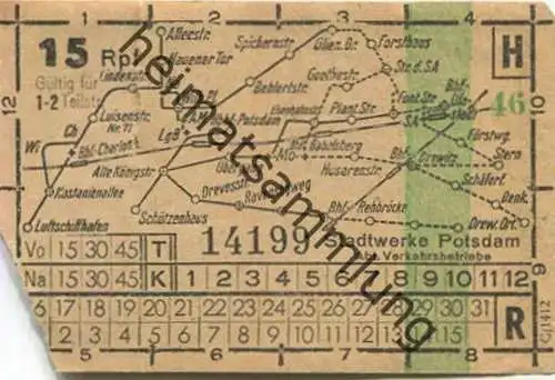 Deutschland - Fahrkarte - Potsdam - Stadtwerke Potsdam - Abt. Verkehrsbetriebe - Fahrschein 15Rpf. 1-2 Teilstrecken