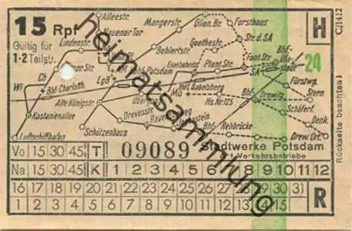 Deutschland - Fahrkarte - Potsdam - Stadtwerke Potsdam - Abt. Verkehrsbetriebe - Fahrschein 15Rpf. 1-2 Teilstrecken