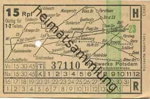 Deutschland - Fahrkarte - Potsdam - Stadtwerke Potsdam - Abt. Verkehrsbetriebe - Fahrschein 15Rpf. 1-2 Teilstrecken