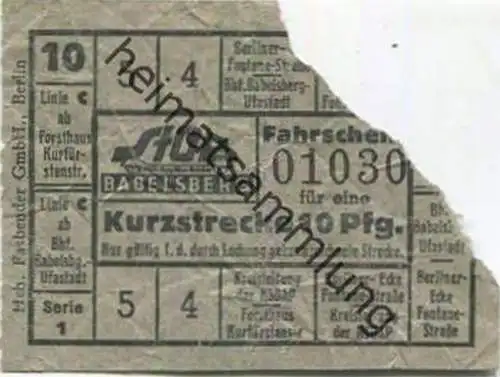 Deutschland - Potsdam-Babelsberg - StOB - Städtischer Omnibusbetrieb Babelsberg - Fahrschein für eine Kurzstrecke 10Pfg.