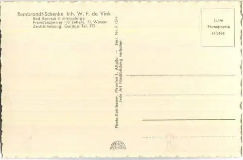 Bad Berneck - Rembrandt Schenke Inhaber W. F. de Vink - Foto-Ansichtskarte - Verlag Photo-Kohlbauer Pfronten