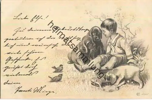 Junge mit drei Welpen - Prägedruck