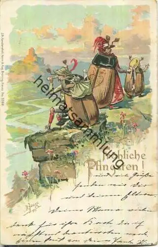 Maikäfer-Familie auf Pfingstausflug - signiert R. Joost 1900 - Prägedruck - Verlag Heinrich & August Brüning Hanau