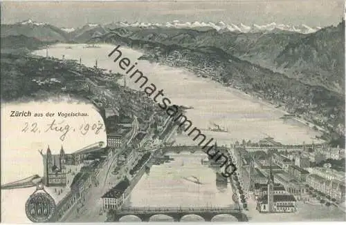 Zürich aus der Vogelschau 1907 - Künstlerkarte Lorenz - Verlag Künzli-Tobler & Co. Zürich
