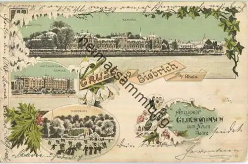 Biebrich am Rhein - Unteroffzierschule - Schloss - Moosburg - Winterlithographie