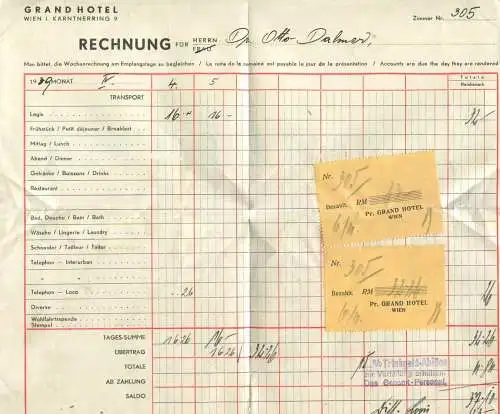 Österreich - Rechnung 1939 - Grand Hotel Wien Kärtnerring 9