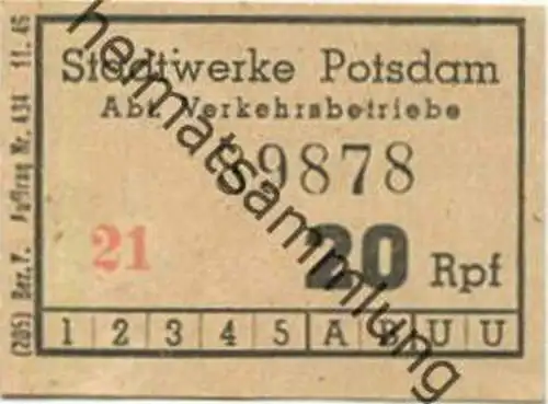 Deutschland - Potsdam - Stadtwerke Potsdam Abt. Verkehrsbetriebe - Fahrschein 20Rpf. 1946