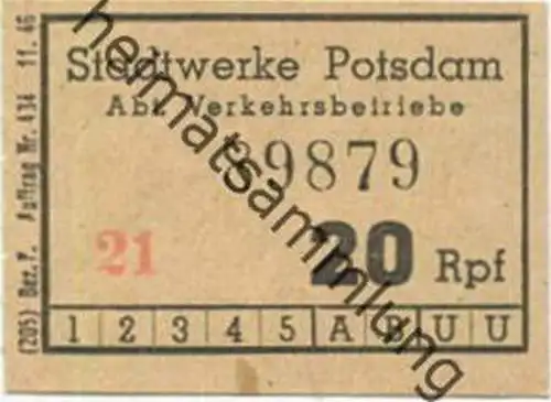 Deutschland - Potsdam - Stadtwerke Potsdam Abt. Verkehrsbetriebe - Fahrschein 20Rpf. 1946