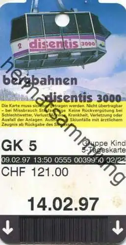 Schweiz - Diesentis Bergbahnen - Fahrkarte 5-Tageskarte Kind 1997