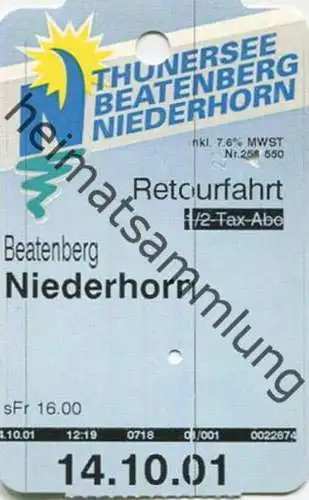 Schweiz - Thunersee Beatenberg Niederhorn Bahn - Fahrkarte Beatenberg Niederhorn 1/2 Tax Retourfahrt 2001