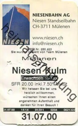 Schweiz - Niesen Bahn - Standseilbahn - Fahrkarte Mülenen Niesen Kulm - Erwachsene 1/2 Tax 2000