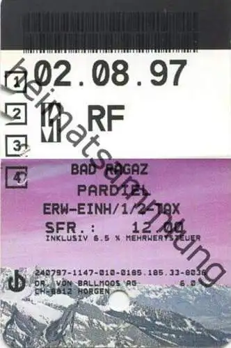 Schweiz - Bad Ragaz Pardiel - Fahrkarte 1997 einheimische Erwachsene Halbtax