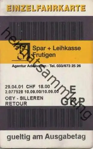 Schweiz - Adelboden - Oey Silleren retour - Fahrkarte 2001