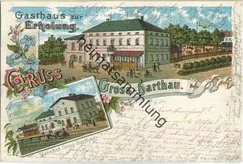 01909 Grossharthau - Bahnhof - Gasthaus zur Erholung - Farblithographie - Gross-Hartau