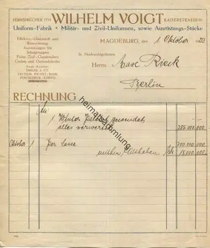Rechnung 1923 - Wilhelm Voigt Magdeburg - Uniform-Fabrik Militär- und Zivil-Uniformen