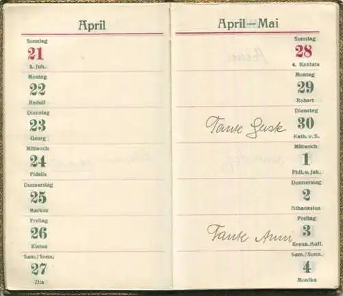 Taschenkalender 1929 - TeBe Kalender - Ledereinband Goldschnitt - gebraucht mehrere Seiten beschrieben