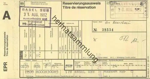 Schweiz - Reservierungsausweis 1982 - Basel Mannheim