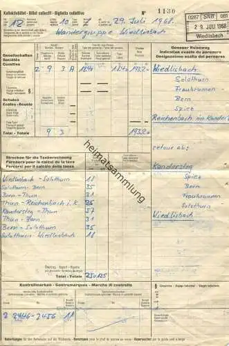 Schweiz - Kollektivbillet 1968 - Wandergruppe Wiedlisbach - 12 Personen - Wiedlisbach Reichenbach im Kandertal Kanderste