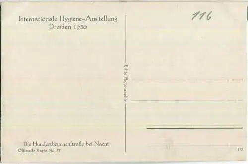 Dresden - Internationale Hygiene-Ausstellung 1930 - Hundertbrunnenstrasse bei Nacht - Offizielle Karte Nr. 37