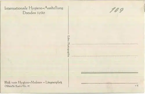 Dresden - Internationale Hygiene-Ausstellung 1930 - Lingerplatz - Offizielle Karte Nr. 37