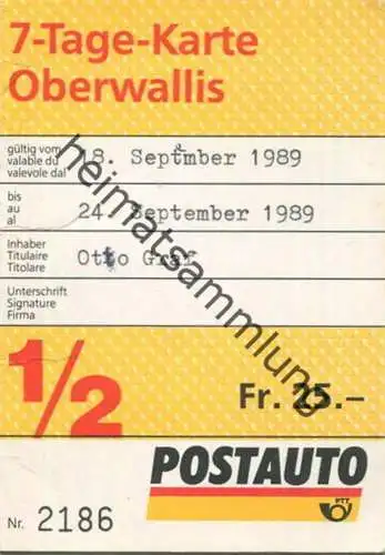 Schweiz - Oberwallis - 7 Tage-Karte Postauto 1989