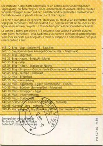 Schweiz - Oberwallis - 7 Tage-Karte Postauto 1989