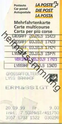 Schweiz - Schweizerische PTT-Betriebe - Mehrfahrtenkarte 1999 - Grossaffoltern Lyss Bahnhof