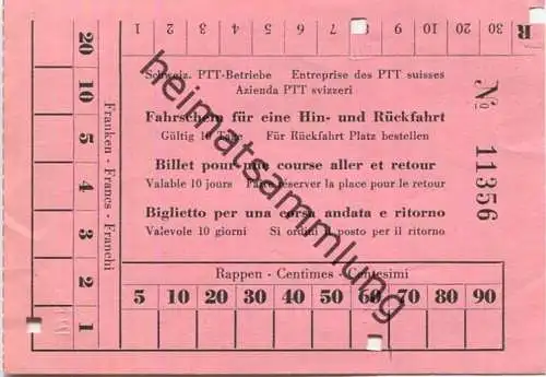 Schweiz - Schweizerische PTT-Betriebe - Fahrschein für eine Hin- und Rückfahrt