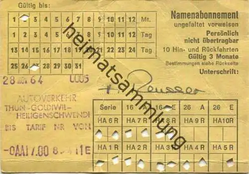 Schweiz - Autoverkehr Thun-Goldiwil-Heiligenschwendi AG - Namenabonnement 1964