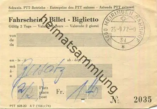 Schweiz - Schweizerische PTT-Betriebe - Postauto Zusatz Fahrschein 1972