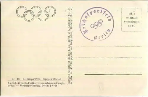 Berlin - Reichssportfeld - Olympia-Stadion - Foto-Ansichtskarte - Amtliche Olympia-Postkarte Nr. 13