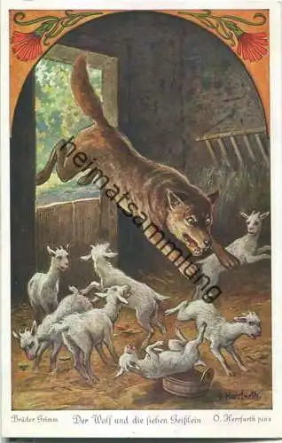 Der Wolf und die sieben Geisslein - Brüder Grimm - Künstlerkarte signiert O. Herrfurth - Verlag Uvachrom Nr. 4518